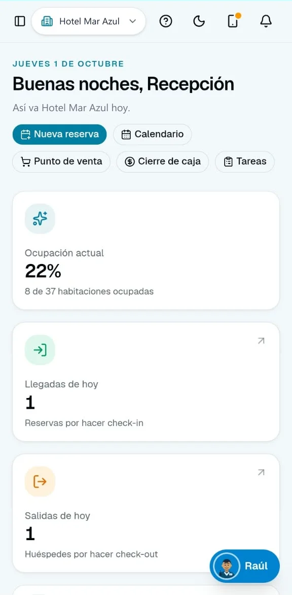 Panel de control de TuHotelia en el celular